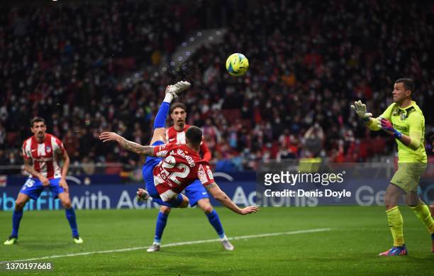 Mario Hermoso of Atletico de Madrid scores their team's fourth goal during the LaLiga Santander match between Club Atletico de Madrid and Getafe CF...