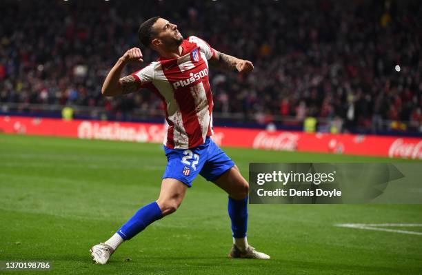 Mario Hermoso of Atletico de Madrid celebrates after scoring their team's fourth goal during the LaLiga Santander match between Club Atletico de...