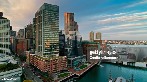 aerial view of boston waterfront and harbor from over fort point channel - boston harbour stock pictures, royalty-free photos & images