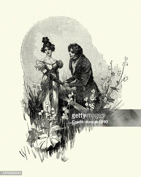 young man confessing his love to woman, victorian romance, 19th century - historical romance stock illustrations