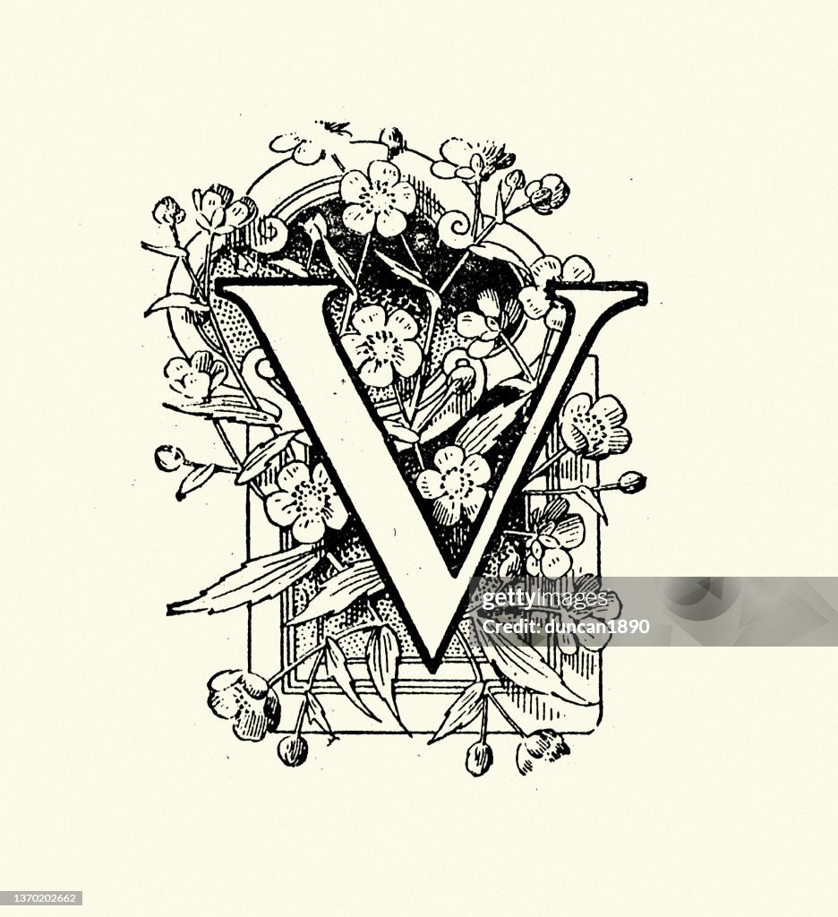 Vintage floral pattern Capital letter V, Victorian style