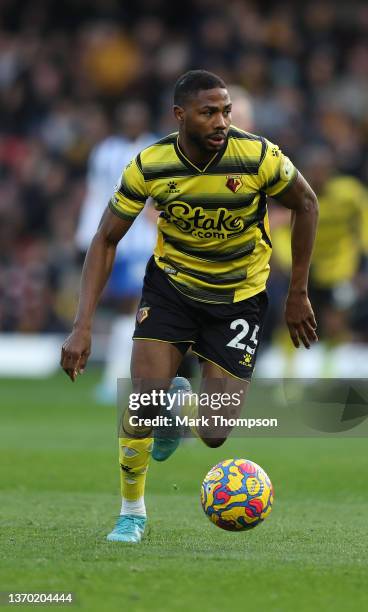 Emmanuel Dennis of Watford in action during the Premier League match between Watford and Brighton & Hove Albion at Vicarage Road on February 12, 2022...