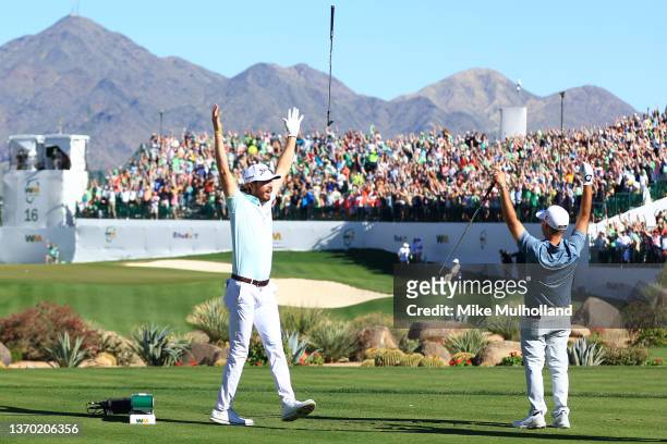 Sam Ryder of the United States reacts to his hole-in-one with Brian Harman of the United States on the 16th hole during the third round of the WM...