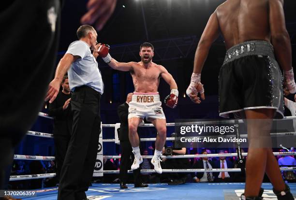 John Ryder celebrates victory following the super-middleweight fight between Daniel Jacobs and John Ryder at Alexandra Palace on February 12, 2022 in...