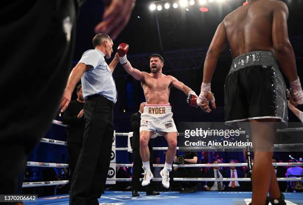 John Ryder celebrates victory following the super-middleweight fight between Daniel Jacobs and John Ryder at Alexandra Palace on February 12, 2022 in...