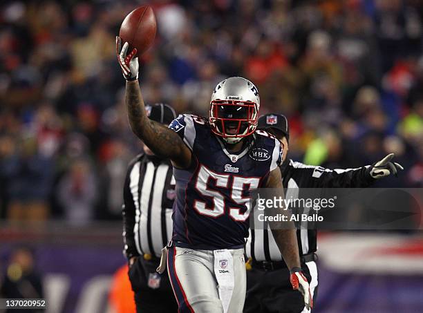 Brandon Spikes of the New England Patriots reacts after he recovered a fumble by Tim Tebow of the Denver Broncos in the first quarter during their...
