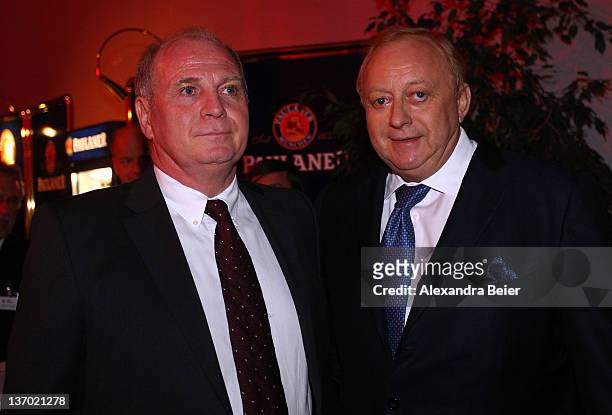 Uli Hoeness welcomes Alfons Schuhbeck at Uli Hoeness' 60th birthday celebration at Postpalast on January 13, 2012 in Munich, Germany.
