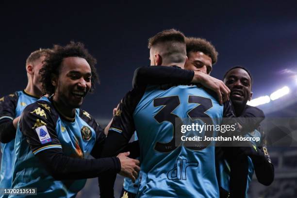 Domen Crnigoj of Venezia FC celebrates with team mates after scoring to give the side a 2-1 lead during the Serie A match between Torino FC and...