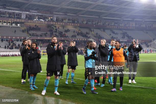 Venezia FC players and staff applaud the fans following the 2-1 victory in the Serie A match between Torino FC and Venezia FC at Stadio Olimpico di...