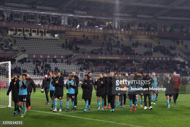 Venezia FC players and staff applaud the fans following the 2-1 victory in the Serie A match between Torino FC and Venezia FC at Stadio Olimpico di...