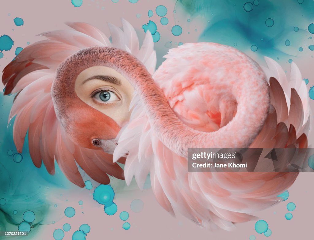 Creative portrait with pink flamingo
