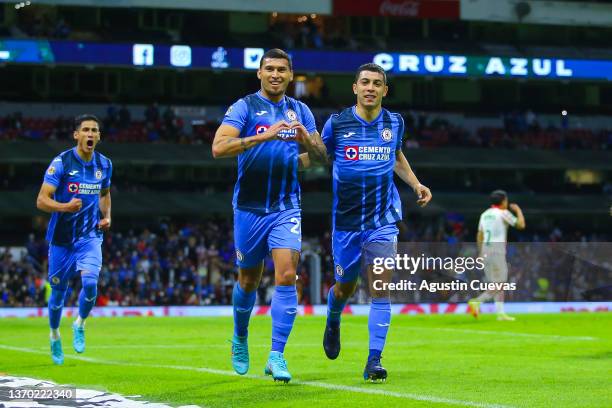 Juan Escobar of Cruz Azul celebrates after scoring his team's first goal with Erik Lira during the 5th round match between Cruz Azul and Necaxa as...