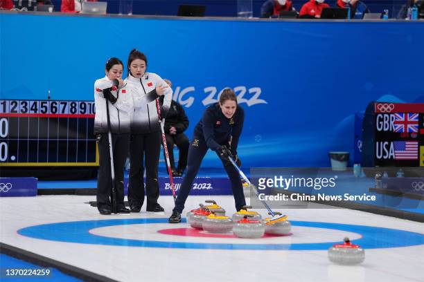 Anna Hasselborg of Team Sweden competes against Team China during the Women's Round Robin Curling Session on Day 8 of the Beijing 2022 Winter Olympic...