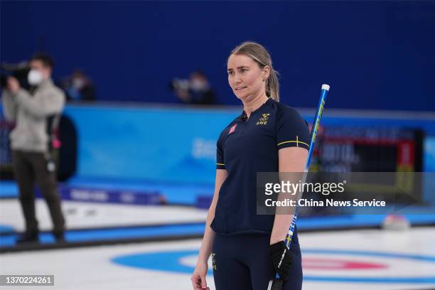 Sara McManus of Team Sweden competes against Team China during the Women's Round Robin Curling Session on Day 8 of the Beijing 2022 Winter Olympic...