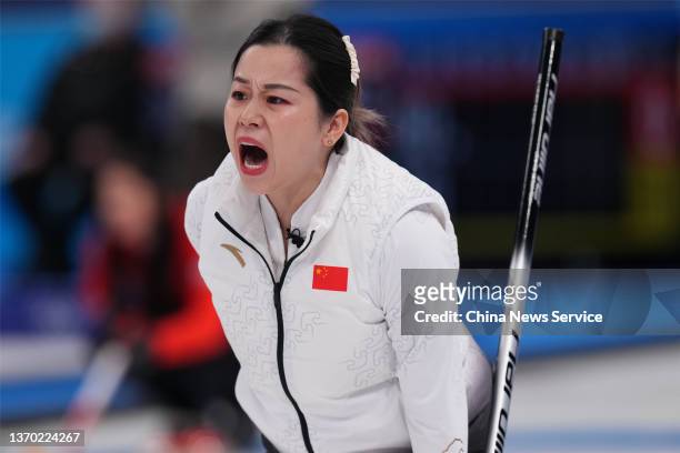 Wang Rui of Team China competes against Team Sweden during the Women's Round Robin Curling Session on Day 8 of the Beijing 2022 Winter Olympic Games...