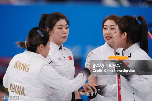 Wang Rui, Zhang Lijun, Han Yu and Dong Ziqi of Team China compete against Team Sweden during the Women's Round Robin Curling Session on Day 8 of the...