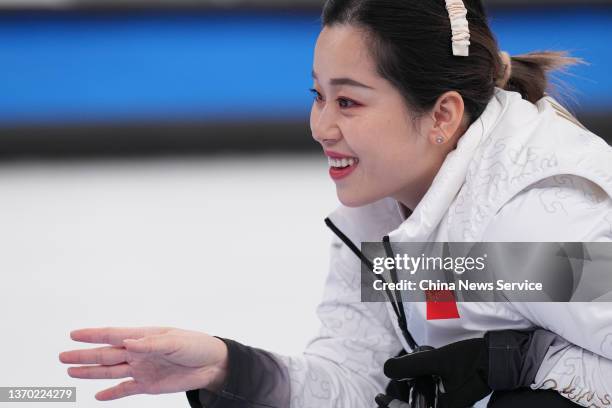 Wang Rui of Team China competes against Team Sweden during the Women's Round Robin Curling Session on Day 8 of the Beijing 2022 Winter Olympic Games...