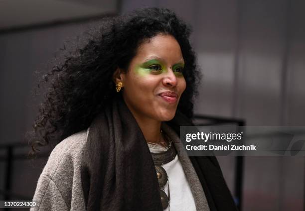 Guests seen outside the Jason Wu show during New York Fashion Week A/W 2022 on February 12, 2022 in New York City.