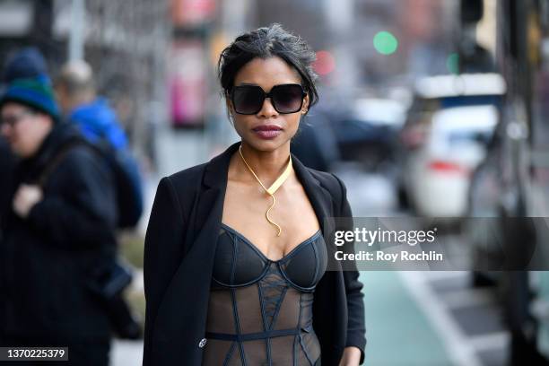 View of street style during New York Fashion Week: The Shows on February 12, 2022 in New York City.