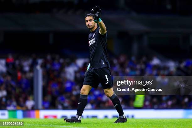 Jesus Corona of Cruz Azul reacts during the 5th round match between Cruz Azul and Necaxa as part of the Torneo Grita Mexico C22 Liga MX at Azteca...