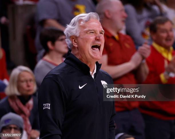 Head coach Bruce Weber of the Kansas State Wildcats coaches from the bench in the first half of play at Hilton Coliseum on February 12, 2022 in Ames,...