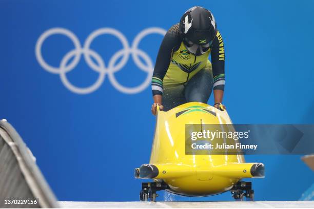 Jazmine Fenlator-Victorian of Team Jamaica slides during the Women's Monobob Bobsleigh heats on day nine of Beijing 2022 Winter Olympic Games at...
