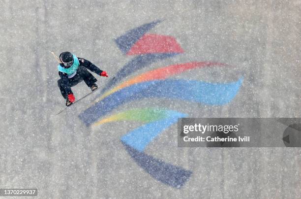Katie Ormerod of Team Great Britain performs a trick during a Snowboard Big Air training session on day 9 of the Beijing 2022 Winter Olympics at Big...