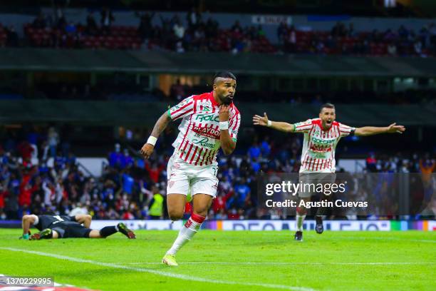 Rodrigo Aguirre of Necaxa celebrates after scoring the winning goal during the 5th round match between Cruz Azul and Necaxa as part of the Torneo...