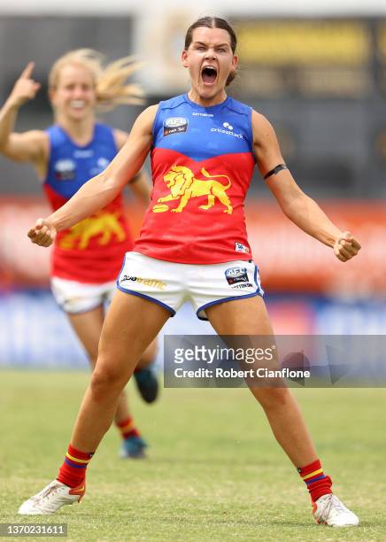 Sophie Conway of the Lions celebrates after scoring a goal during the round six AFLW match between the St Kilda Saints and the Brisbane Lions at RSEA...