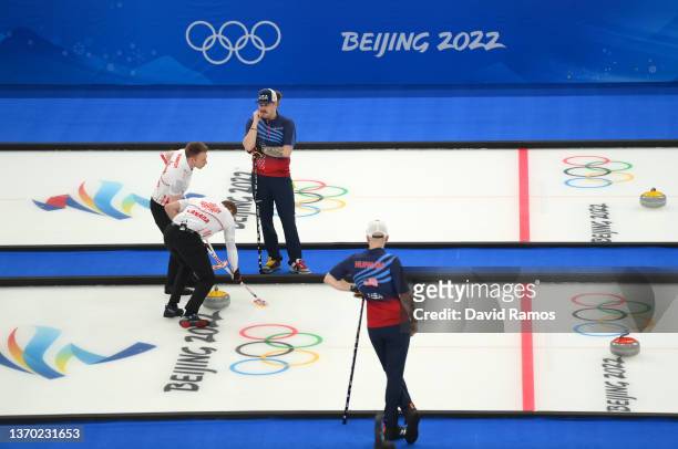 General view of Team Canada and Team United States competing during the Men's Curling Round Robin Session on Day 9 of the Beijing 2022 Winter Olympic...