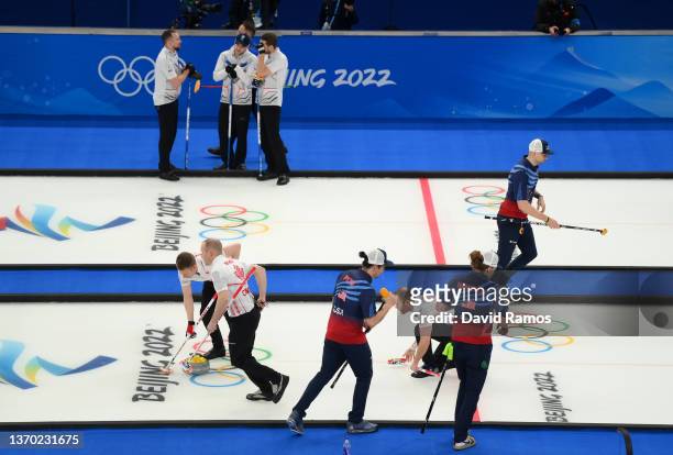 General view of Team Canada and Team United States competing during the Men's Curling Round Robin Session on Day 9 of the Beijing 2022 Winter Olympic...