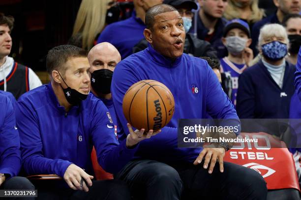 Head coach Doc Rivers of the Philadelphia 76ers reacts during the third quarter against the Cleveland Cavaliers at Wells Fargo Center on February 12,...