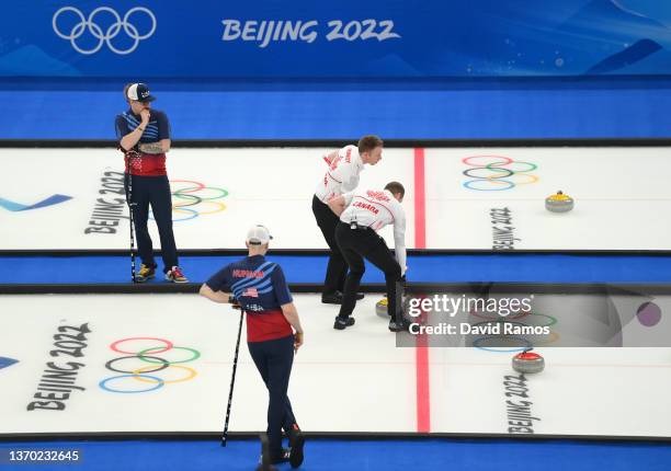 General view of Team Canada and Team United States competing during the Men's Curling Round Robin Session on Day 9 of the Beijing 2022 Winter Olympic...