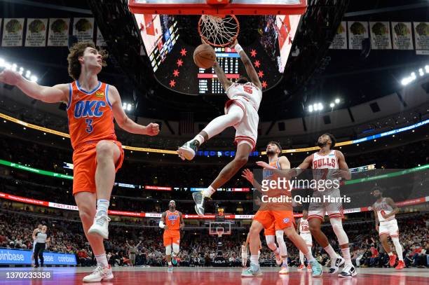 Derrick Jones Jr. #5 of the Chicago Bulls dunks in the second half against the Oklahoma City Thunder at United Center on February 12, 2022 in...