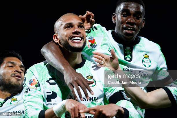 Matheus Doria of Santos celebrates after scoring his team's second goal during the 5th round match between Santos Laguna and America as part of the...