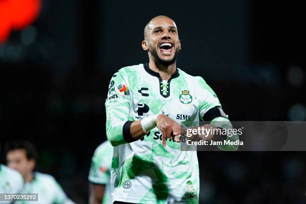 Matheus Doria of Santos celebrates after scoring his team's second goal during the 5th round match between Santos Laguna and America as part of the...