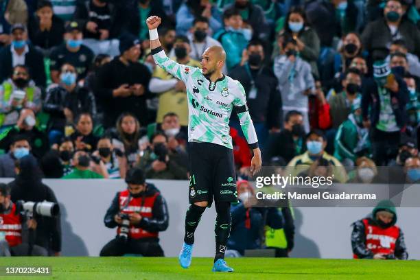 Matheus Doria of Santos celebrates after scoring the second goal during the 5th round match between Santos Laguna and America as part of the Torneo...