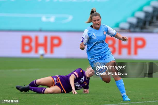 Rhianna Pollicina of Melbourne City celebrates a goal during the round 11 A-League Women's match between Perth Glory and Melbourne City at Central...