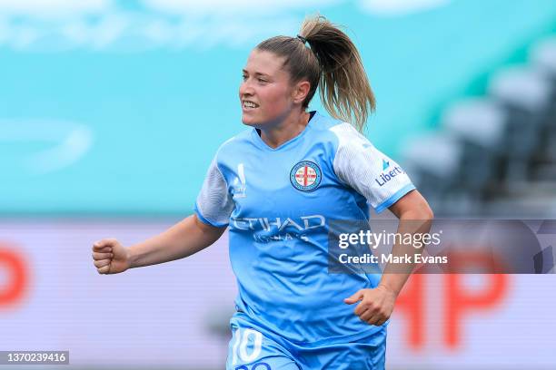 Rhianna Pollicina of Melbourne City celebrates a goal during the round 11 A-League Women's match between Perth Glory and Melbourne City at Central...