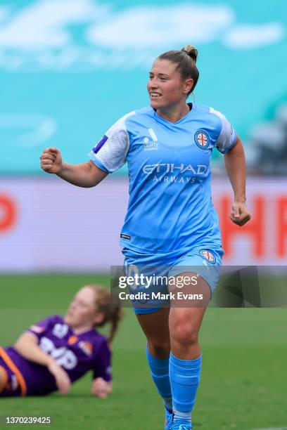 Rhianna Pollicina of Melbourne City celebrates a goal during the round 11 A-League Women's match between Perth Glory and Melbourne City at Central...