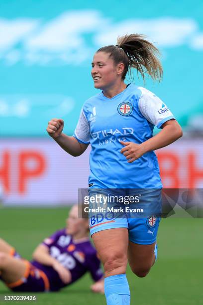 Rhianna Pollicina of Melbourne City celebrates a goal during the round 11 A-League Women's match between Perth Glory and Melbourne City at Central...