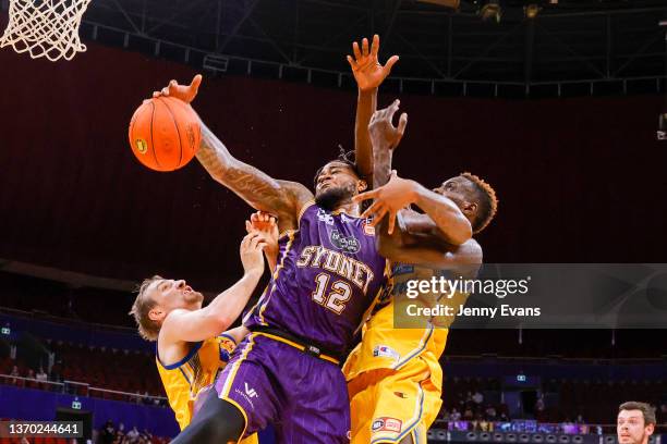 Jarrell Martin of the Kings drives to the basket basket during the round 11 NBL match between Sydney Kings and Brisbane Bullets at Qudos Bank Arena...