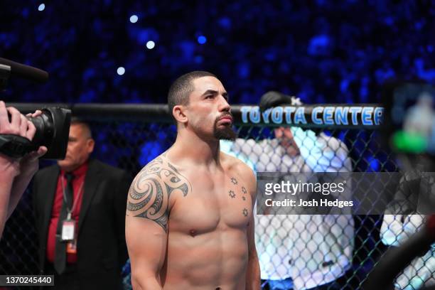 Robert Whittaker of Australia stands in his corner prior to facing Israel Adesanya of Nigeria in their UFC middleweight championship fight during the...