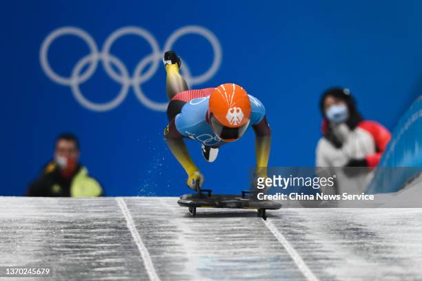 Hannah Neise of Germany slides during the Women's Skeleton heat 3 on day eight of Beijing 2022 Winter Olympic Games at National Sliding Centre on...