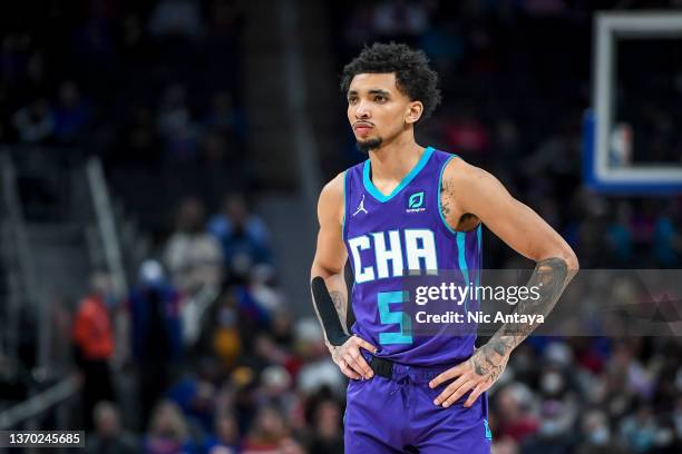 James Bouknight of the Charlotte Hornets looks on against the Detroit Pistons during the first quarter at Little Caesars Arena on February 11, 2022...