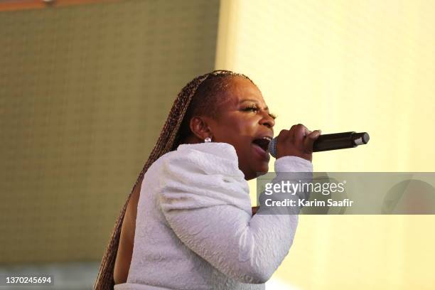 Rapper Yo-yo performs onstage during the Taste Of Inglewood Experience presents Market Street Vibez Pre-Game Extravaganza on February 12, 2022 in...
