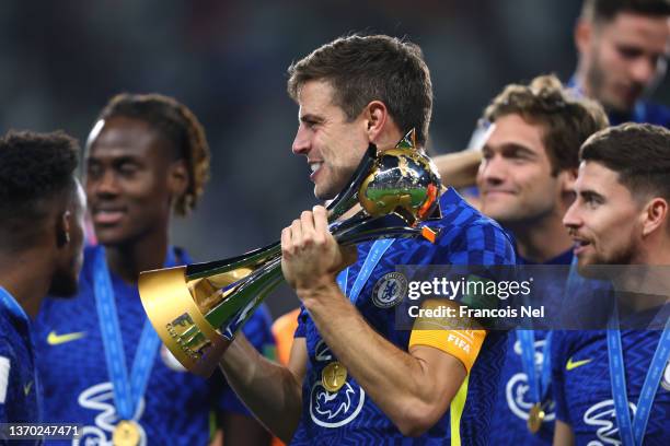 Cesar Azpilicueta of Chelsea lifts the trophy after the FIFA Club World Cup UAE 2021 Final match between Chelsea v Palmeiras at Mohammed Bin Zayed...