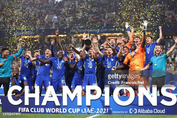 Cesar Azpilicueta of Chelsea lifts the trophy after the FIFA Club World Cup UAE 2021 Final match between Chelsea v Palmeiras at Mohammed Bin Zayed...