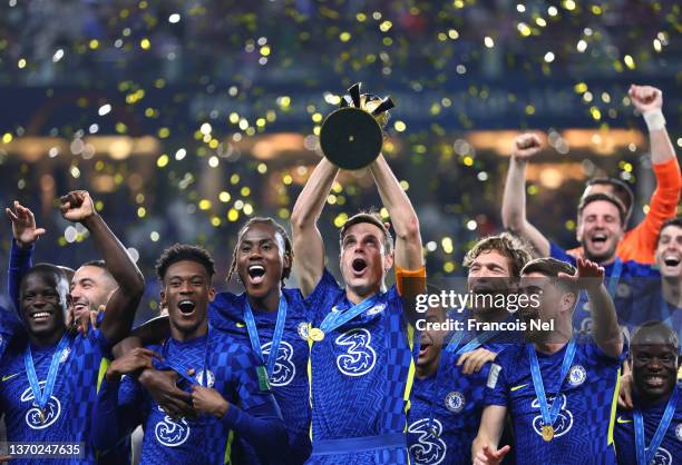 Cesar Azpilicueta of Chelsea lifts the trophy after the FIFA Club World Cup UAE 2021 Final match between Chelsea v Palmeiras at Mohammed Bin Zayed...