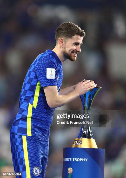 Jorginho of Chelsea celebrates with The FIFA Club World Cup trophy following their side's victory during the FIFA Club World Cup UAE 2021 Final match...